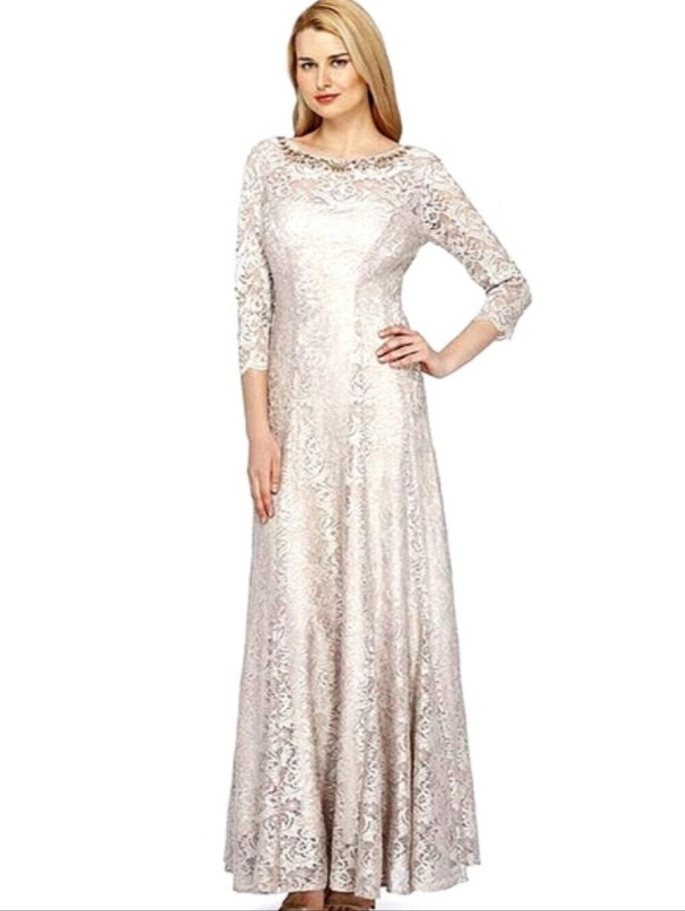 Tahari Arthur S. Levine Sequin Lace Gown 14 Cream Beaded Neck 3/4 Sleeve Maxi
